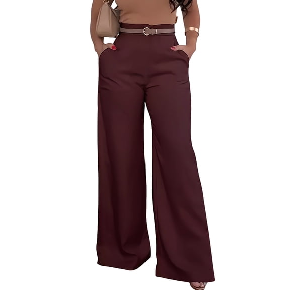 Women Fall Wide Leg Trousers High Elastic Waist Loose Pleated Long Flowy Palazzo Work Pants with Pockets Wine Red S