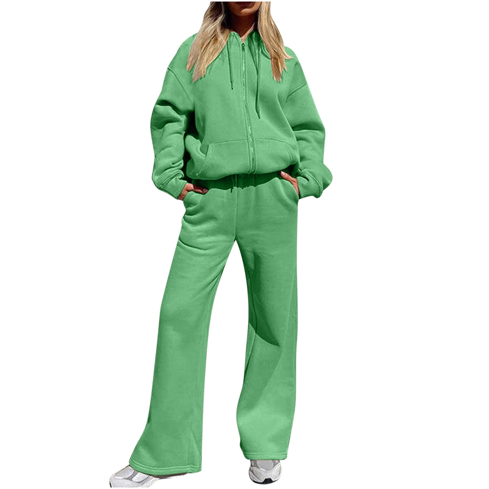 Women Fall Winter 2 Piece Outfits Long Sleeve Zipper Hoodie Jackets with  Wide Leg Sweatpants Tracksuit Set Sweatsuits 