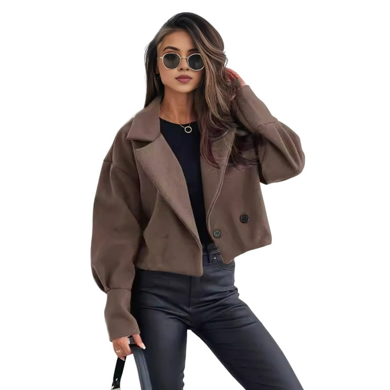 Women Fall Winter Coat Short Type Turn-down Collar Solid Color