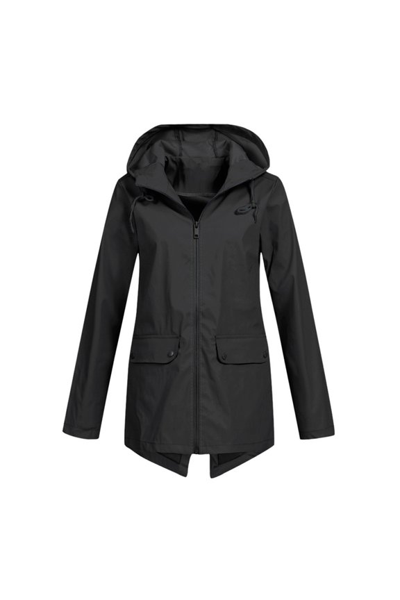 Women Fall Winter Coat Windproof Long Sleeves Hooded Drawstring Windbreaker Zipper Closure Pure Color Patch Pockets Daily Wear Outdoor Jacket
