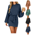 thumbnail image 1 of Women Fall Winter Dress Casual Long Sleeve Pullover Dresses Solid Color Loose Crew Neck with Belt, 1 of 7
