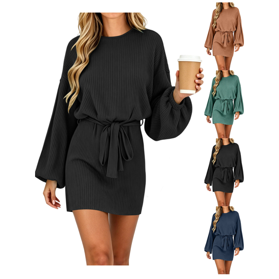 Women Fall Winter Dress Casual Long Sleeve Pullover Dresses Solid Color Loose Crew Neck with Belt