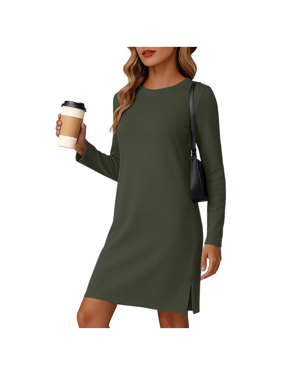 Women Fall And Winter Dresses Women's Casual Sweatshirt Long-sleeved Solid Color Round Neck Pullover Top Midi Wrap Curvy Classy DressesArmy Green S-2XL