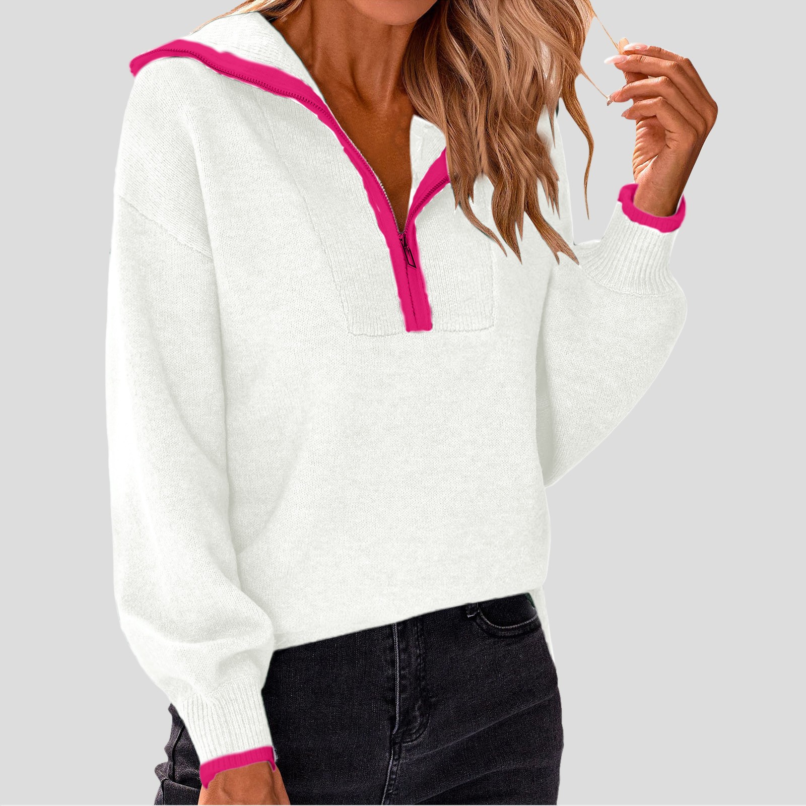Women Fall Winter Half Zip Fleece Pullover Sweaters Casual V Neck Long