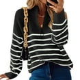 thumbnail image 1 of Women Fall Winter Half Zip Striped Pullover Sweaters Trendy V Neck Oversized Long Sleeve Knit Clothes Black L, 1 of 6