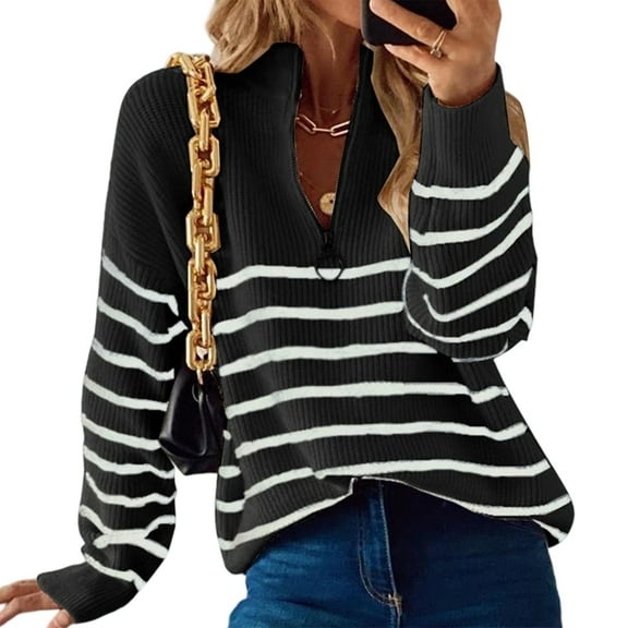 Women Fall Winter Half Zip Striped Pullover Sweaters Trendy V Neck Oversized Long Sleeve Knit Clothes Black M