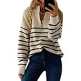 thumbnail image 1 of Women Fall Winter Half Zip Striped Pullover Sweaters Trendy V Neck Oversized Long Sleeve Knit Clothes Cream White L, 1 of 5