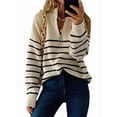 thumbnail image 1 of Women Fall Winter Half Zip Striped Pullover Sweaters Trendy V Neck Oversized Long Sleeve Knit Clothes Cream White M, 1 of 7