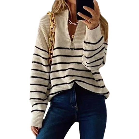 Women Fall Winter Half Zip Striped Pullover Sweaters Trendy V Neck Oversized Long Sleeve Knit Clothes Cream White S