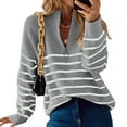 thumbnail image 1 of Women Fall Winter Half Zip Striped Pullover Sweaters Trendy V Neck Oversized Long Sleeve Knit Clothes Grey XL, 1 of 4