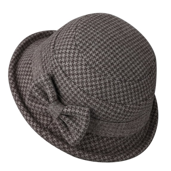 Women Fall Winter Houndstooth Tweed Bucket Hat, Roll Hem Thermal Warm Cloche Bowler Derby Cap with Bowknot Buckle, Retro 1920s Style for Ladies Church Party Daily Casual Outdoor,Coffee,M