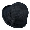 thumbnail image 1 of Women Fall Winter Houndstooth Tweed Bucket Hat, Roll Hem Thermal Warm Cloche Bowler Derby Cap with Bowknot Buckle, Retro 1920s Style for Ladies Church Party Daily Casual Outdoor,Navy,M, 1 of 7