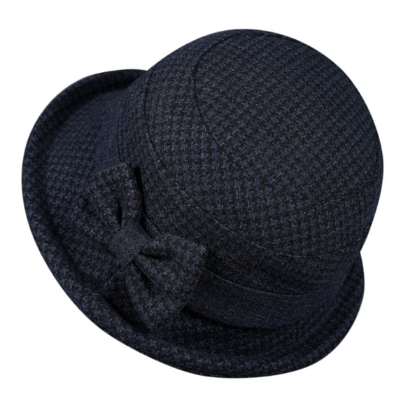 Women Fall Winter Houndstooth Tweed Bucket Hat, Roll Hem Thermal Warm Cloche Bowler Derby Cap with Bowknot Buckle, Retro 1920s Style for Ladies Church Party Daily Casual Outdoor,Navy,M