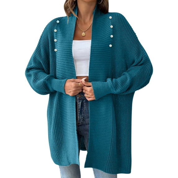 Women Fall Winter Long Sleeve Cardigan Open Front Solid Color Block Fashion Loose Knit Sweater Konglan One Size