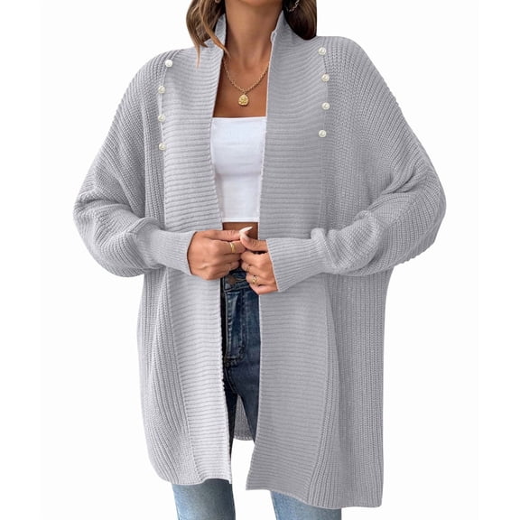 Women Fall Winter Long Sleeve Cardigan Open Front Solid Color Block Fashion Loose Knit Sweater Light Gray One Size