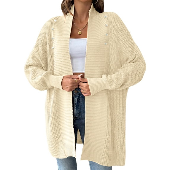 Women Fall Winter Long Sleeve Cardigan Open Front Solid Color Block Fashion Loose Knit Sweater One Size