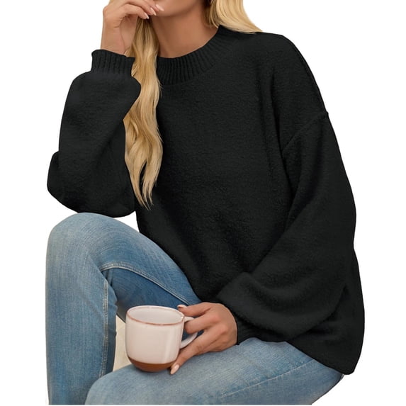 Women Fall Winter Long Sleeve Knit Sweater Solid Color Crewneck Pullover