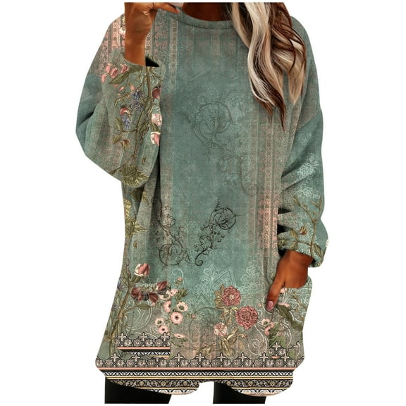 Women Fall Winter Oversized Plush Shirt Crewneck Print Long Sleeve Tunic Top Casual Elegant Office Loungewear Clothes with Pocket