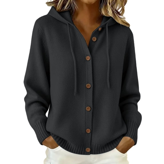 Women Fall Winter Solid Color Chunky Knit Long Sleeve Button Front Button Up Hooded Cardigan Sweater Jacket Casual Stylish Daily Fashion Outerwear Autumn Winter Office Home Clothing Black 3XL