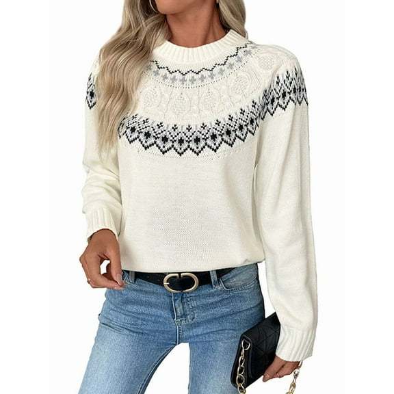 Women Fall Winter Striped Pullover Sweater Trendy Crew Neck Long Sleeve Vintage Color Block Knit Tops White S