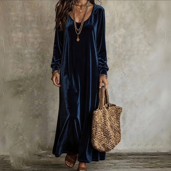 Women Fall Winter Velvet Scoop Crew Round Neck Maxi Dress Long Sleeve Loose Shift Solid Chic Elegant Casual Everyday Dress 2XL