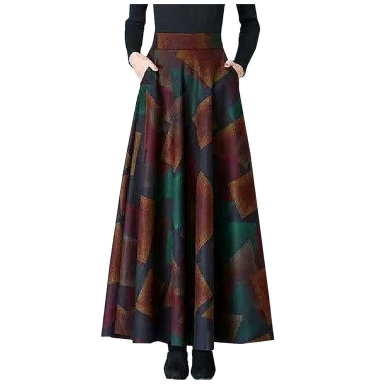 Women Fall Winter Vintage Maxi Skirts Geometric Graphic Print A Line High Elastic Waist Long Swing Skirt with Pockets Walmart