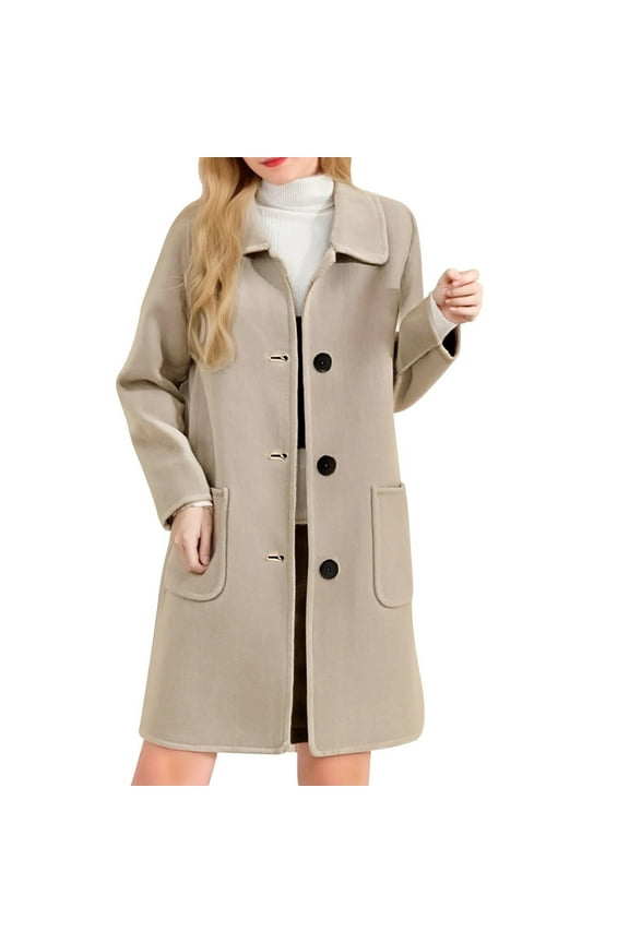 Women Fall Winter Wool Blend Camel Mid-Long Coat Casual Long Sleeves Lapel Button Down Jacket Outwear With Pockets