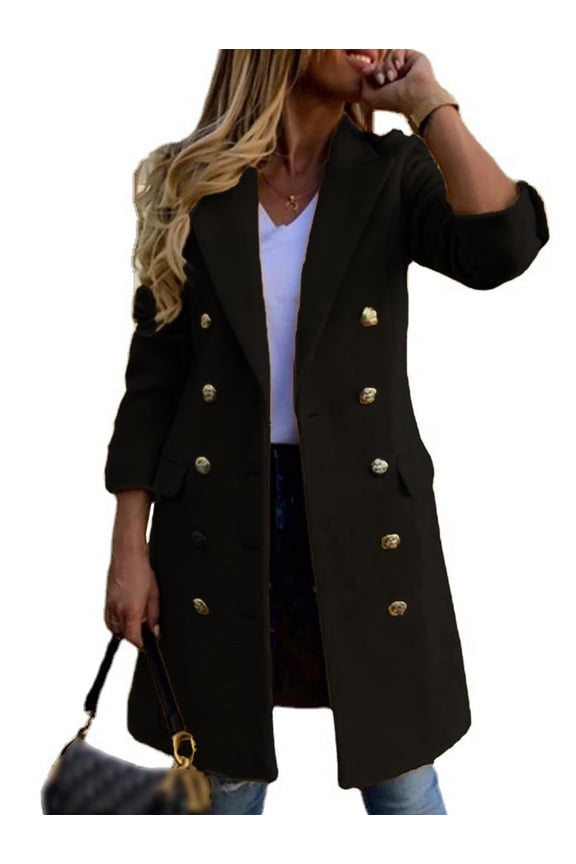 Women Fall Winter Wool Coats Double Breasted Midi Peacoat Trench Coats Black XXL