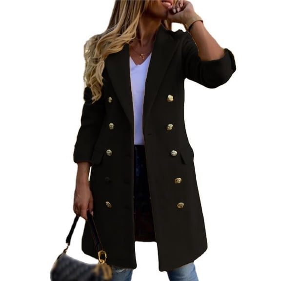 Women Fall Winter Wool Coats Double Breasted Midi Peacoat Trench Coats Black XXL