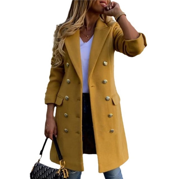 Women Fall Winter Wool Coats Double Breasted Midi Peacoat Trench Coats Yellow L