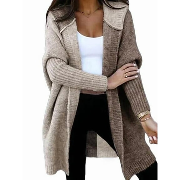 Women Fall and Winter Open Front Long Sleeve Hooded Knit Cardigan Color Block Outwear Coats Khaki Camel S