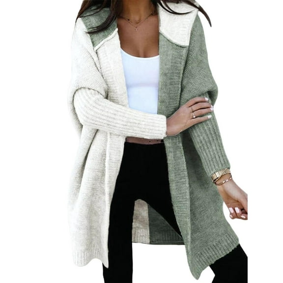 Women Fall and Winter Open Front Long Sleeve Hooded Knit Cardigan Color Block Outwear Coats White&Light Green S