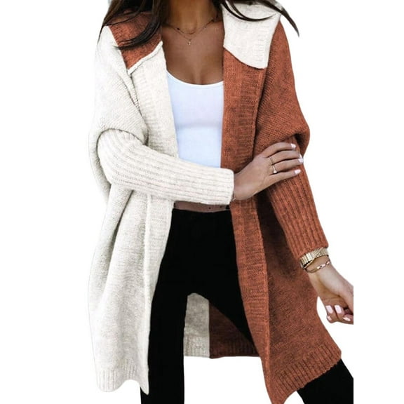 Women Fall and Winter Open Front Long Sleeve Hooded Knit Cardigan Color Block Outwear Coats White & Red L