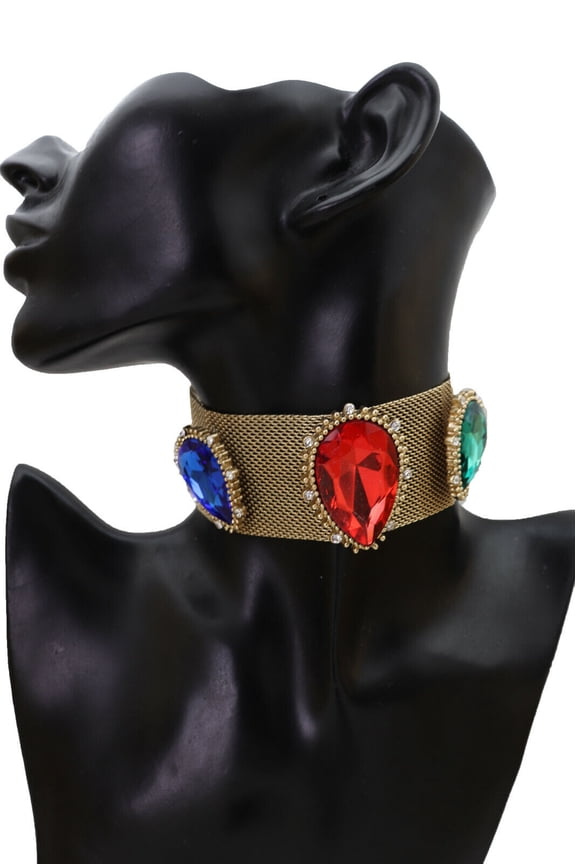 Women Fancy Dressy Gold Mesh Metal Choker Wide Band Necklace Red Blue Green Bead