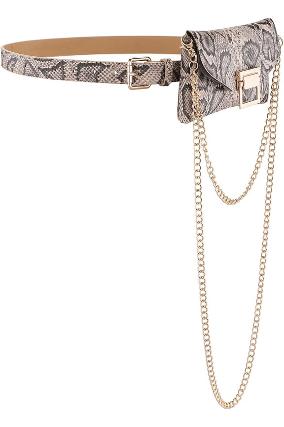 Women Fanny Bag PU Leather Belt Bag for Women Fanny Pack Mini Belt Bag Crossbody Purse Y2K Chain Bag Detachable (Snakeskin)