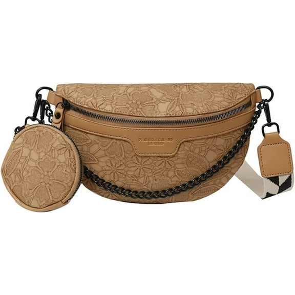 Women Fanny Pack with Coin Purse PU Leather Crossbody Sling Purse with Wide Strap Chain Shoulder Chest Bag (Khaki)