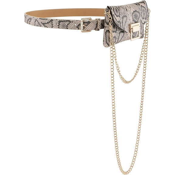 Women Fanny Waist Bag Small Snakeskin Fanny Pack Belt Purse Bag PU Leather Crossbody Sling Bag Pouch Fashion Chain (Black)