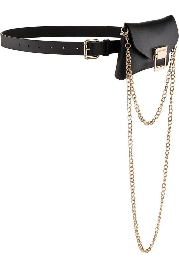 Women Fanny Waist Bag Small Snakeskin Fanny Pack Belt Purse Bag PU Leather Crossbody Sling Bag Pouch Fashion Chain (Black)