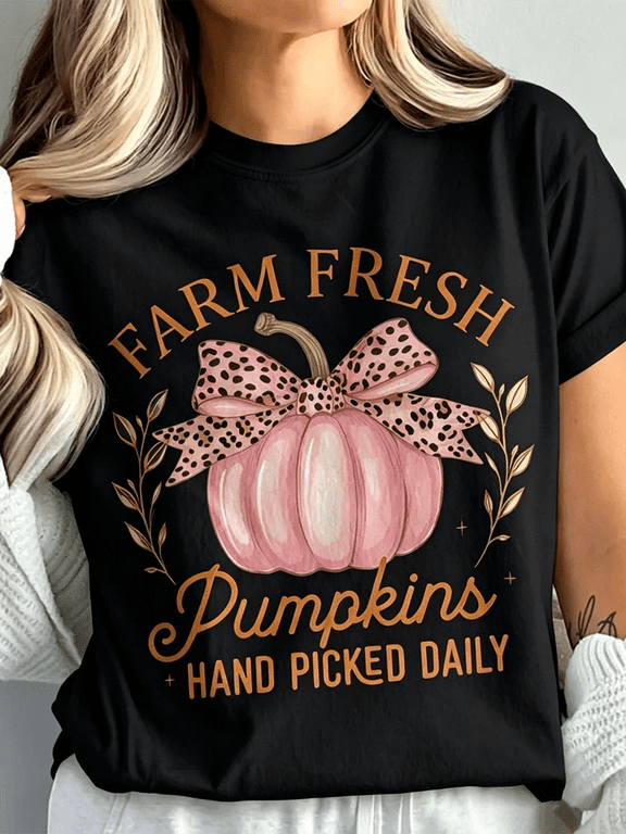 Women Farm Fresh Pink Pumpkin Graphic T‑Shirt, Fall Leopard Bow Casual Short Sleeve Autumn Tee