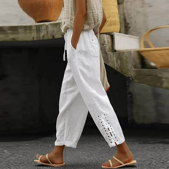 Women Fashion 2025 Casual Lightweight Drawstring Elastic Waist Pants With Pockets White M