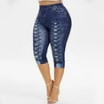thumbnail image 1 of Women Fashion 3D Jean Print Capri Leggings Casual Yoga Pants Elastic Waist Skinny Pants, 1 of 2
