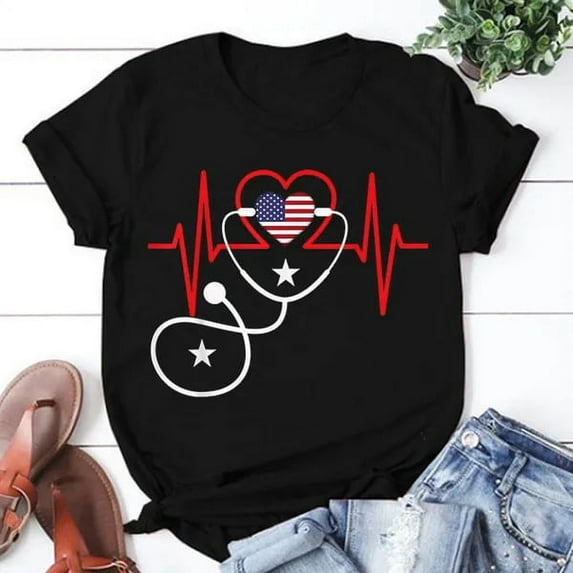 Women Fashion 4Th Of July Independence Day Nurse Heartbeat Print T-Shirts Fashion Casual Short Sleeve Daily Outdoor Shirt Tops