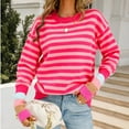 thumbnail image 1 of Women Fashion Autumn and Winter Knit Stripe Print Crewneck Pullover Sweater On Seasonal Hot Pink 10(XL), 1 of 9