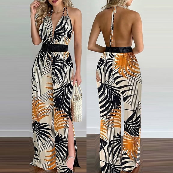 Women Fashion Backless Slit Leg Floral Print Jumpsuit