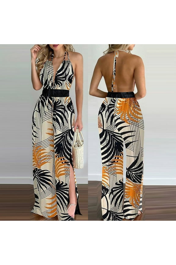 Women Fashion Backless Slit Leg Floral Print Jumpsuit