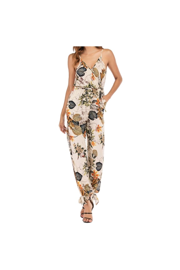 Women Fashion Backless V-Neck Sleeveless Playsuit Casual Printing Long Jumpsuit