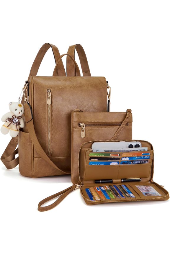 Women Fashion Backpack Purse Anti- Leather  Bag Travel Multi Pockets Handbag Wallet Set 3 count