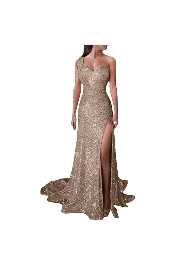 Women Fashion Ballgown Formal Cocktail Dress Olyvenn Straps Sleeveless Prom Dress Sexy Off Shoulder Skew Collar High Waist Sequins Sundress Side Slit Slim Flowy Evening Party Smocked Gold 12