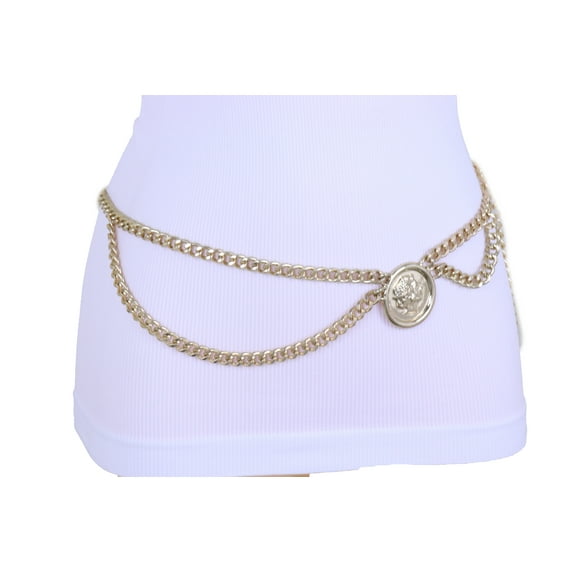 Women Fashion Belt Gold Metal Chain Side Wave Coin Waist Hip XS S M