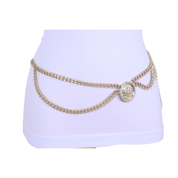 Women Fashion Belt Gold Metal Chain Side Wave Coin Waist Hip XS S M